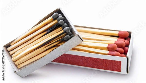 Obraz Burned and New Safety Matches in Two Open Matchboxes on White — Contrast Concept of Burnout vs Fresh Start, Studio Packaging Mockup for Messaging, Branding and Editorial Design