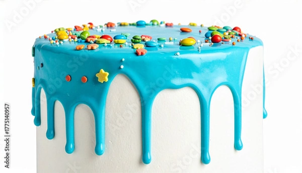 Obraz Macro Close-Up of Drip Cake with Bright Blue Ganache and Multicolor Sprinkles — Festive Buttercream Party Cake Detail, Vibrant Dessert Background for Bakery Branding, Packaging, Social Media and Web B