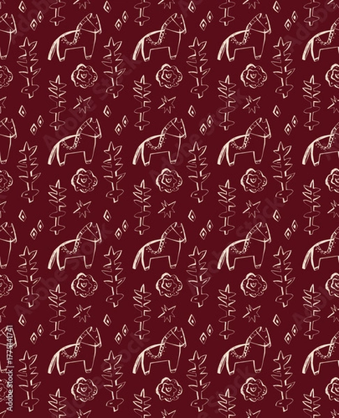Fototapeta Scandinavian horse floral seamless pattern with stars and leaves on burgundy background perfect for folk winter design projects