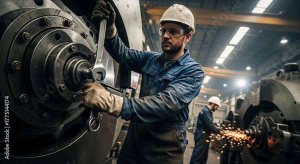 Fototapeta Industrial worker in hard hat and safety glasses repairing large machine with wrench