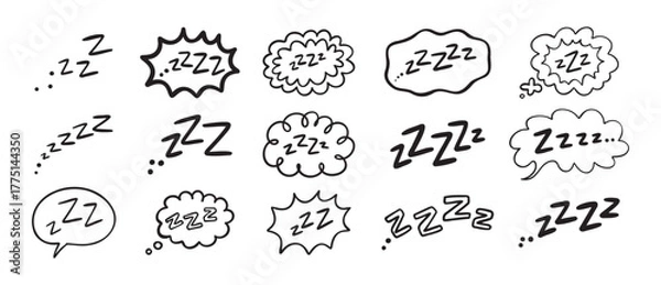 Fototapeta Zzz Zzzz bed sleep snore sound bubble set, snooze nap Z sound icon cloud set. Sleepy Zzz doodle hand drawn line icons