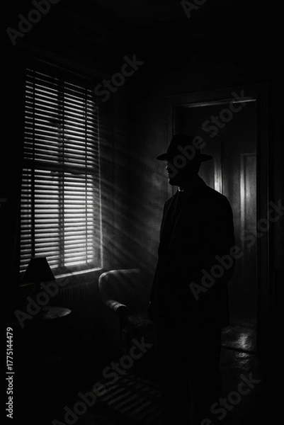 Obraz Film Noir Black and White Portrait of a Man in Hat with Light Through the Blinds