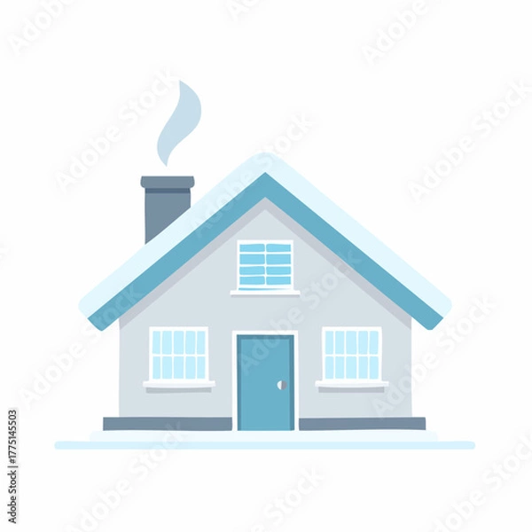 Fototapeta Vector cut illustration of a simple and cozy snow-covered house with a smoking chimney, an isolated element for winter season design
