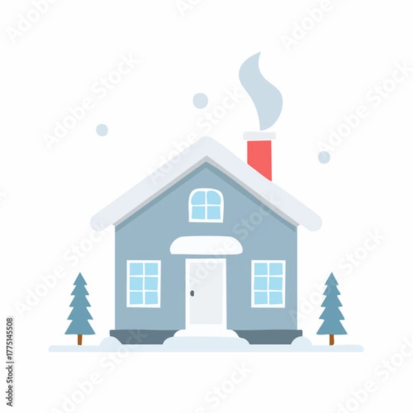 Fototapeta Vector cut illustration of a simple and cozy snow-covered house with a smoking chimney, an isolated element for winter season design