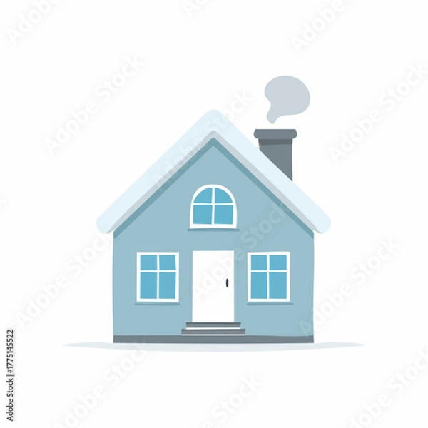 Fototapeta Vector cut illustration of a simple and cozy snow-covered house with a smoking chimney, an isolated element for winter season design