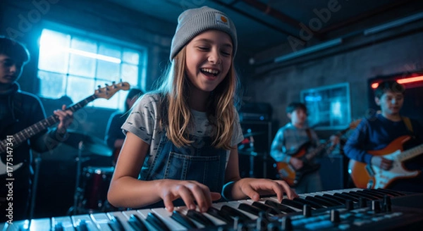 Fototapeta Cheerful young girl playing keyboard with her band practicing in a vibrant studio.