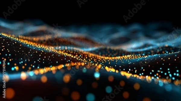 Fototapeta 3D render, abstract background with colorful glowing dots on a dark blue wave landscape