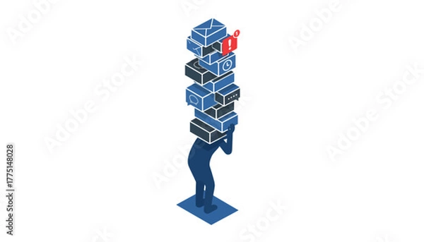 Fototapeta Information Overload Stress and Digital Fatigue: Isometric Conceptual Illustration of a Person Buried by Notification Icons