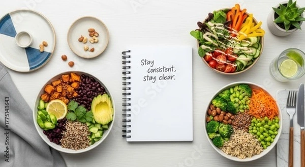 Fototapeta Healthy Food Bowls Surrounding a Notebook with a Positive Message