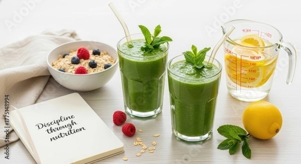 Fototapeta Two green smoothies with mint and ingredients on table