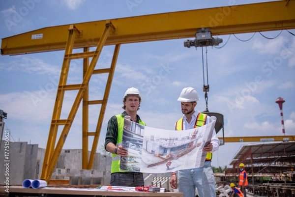 Obraz Engineers wearing safety helmets and reflective vests working construction site large overhead crane operation ensure efficient secure handling of heavy materials industrial engineering project.