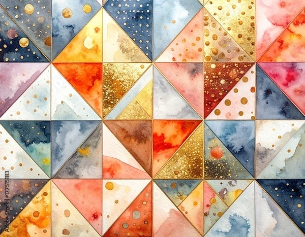 Fototapeta Abstract colorful watercolor background with geometric triangular shapes and glowing gold foil elements, perfect for modern and luxury design