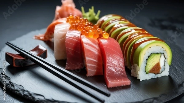 Fototapeta Gourmet sushi and sashimi platter with tuna, shrimp, and ikura on a reflective black background.