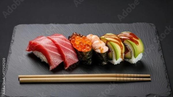 Fototapeta Gourmet sushi and sashimi platter with tuna, shrimp, and ikura on a reflective black background.