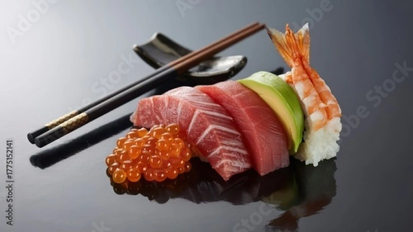Fototapeta Gourmet sushi and sashimi platter with tuna, shrimp, and ikura on a reflective black background.