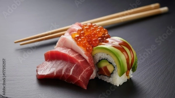Fototapeta Gourmet sushi and sashimi platter with tuna, shrimp, and ikura on a reflective black background.