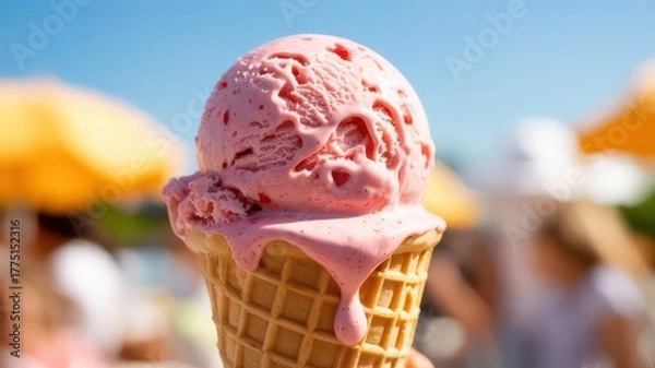 Fototapeta Melting scoop of strawberry ice cream in a waffle cone on a sunny day.