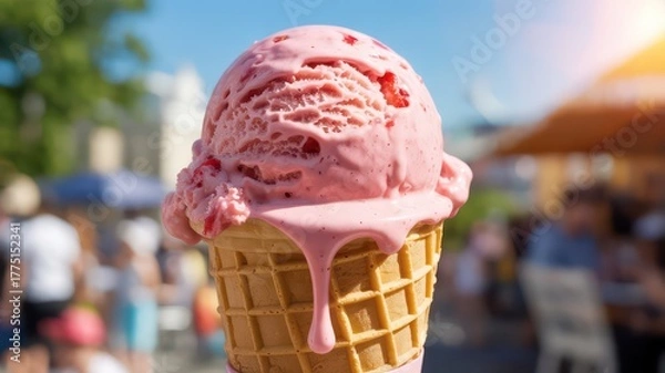 Fototapeta Melting scoop of strawberry ice cream in a waffle cone on a sunny day.