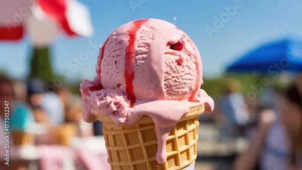 Fototapeta Melting scoop of strawberry ice cream in a waffle cone on a sunny day.