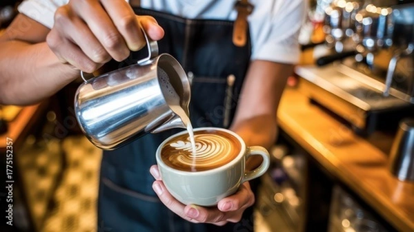 Fototapeta Professional barista crafting beautiful latte art in a coffee shop