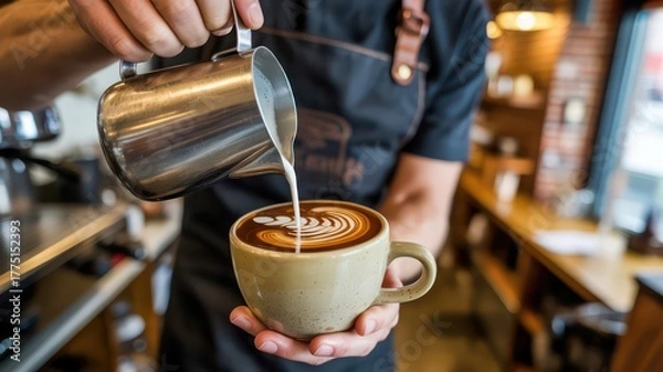 Fototapeta Professional barista crafting beautiful latte art in a coffee shop
