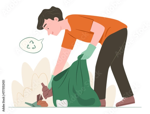 Fototapeta Young Man Picking Up the Bottle Waste into the Garbage Bag for Recycle and Waste Sorting Concept Illustration Clip Art