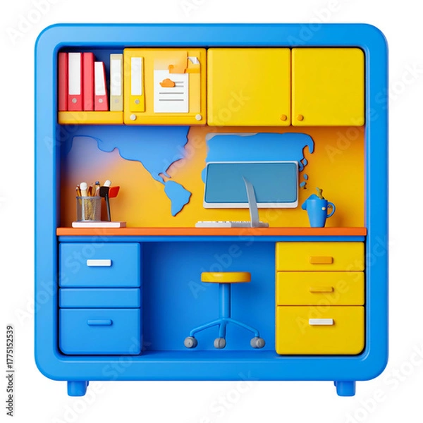 Obraz Cartoon rendering of a workspace with a desk, shelves, laptop, and office supplies