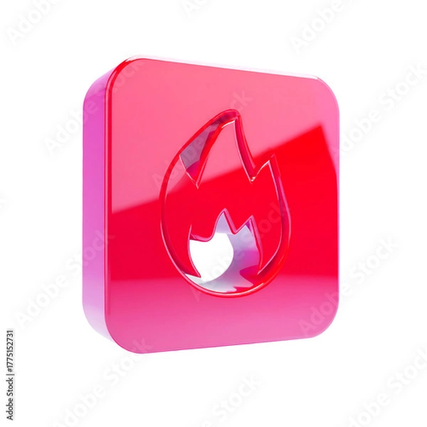 Fototapeta Glossy, 3D red square with a fire icon, casting reflections against a black background