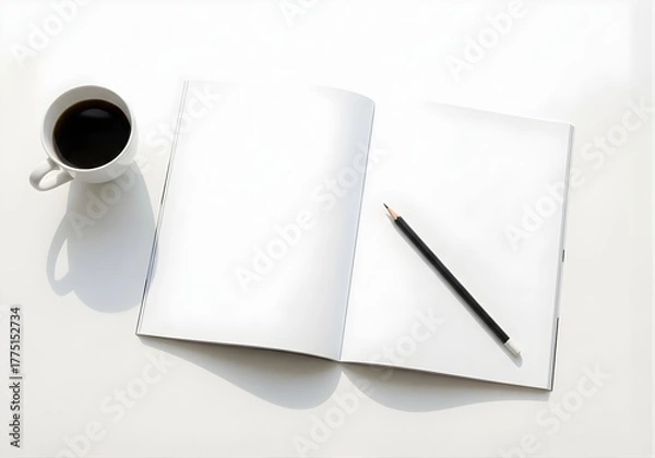 Obraz Flat-Lay Open Magazine Mockup with Coffee Cup and Pencil on White Desk