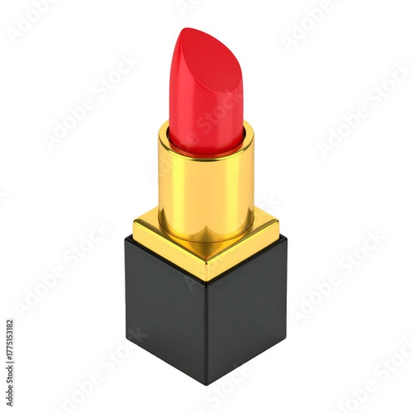 Fototapeta Isometric render of red lipstick in a golden tube, on a black base, against a black background