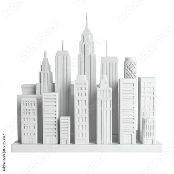 Fototapeta White 3D rendering of a stylized urban skyline with varied skyscraper architecture