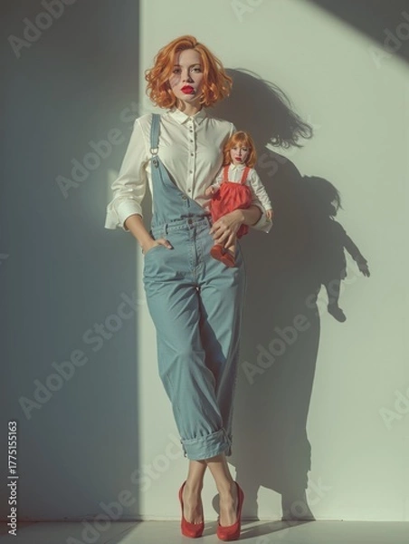 Fototapeta Stylish woman in retro outfit holding a doll under dramatic sunlight. Vintage fashion and artistic concept photography evoking nostalgia, confidence, and surreal storytelling with soft tones and mood.
