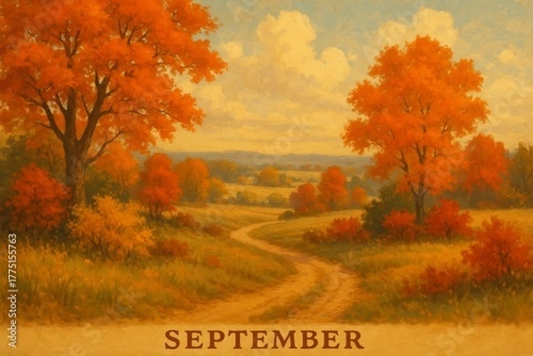 Obraz Horizontal September Autumn Illustration – Trees and Fields in Warm Yellow and Orange Colors