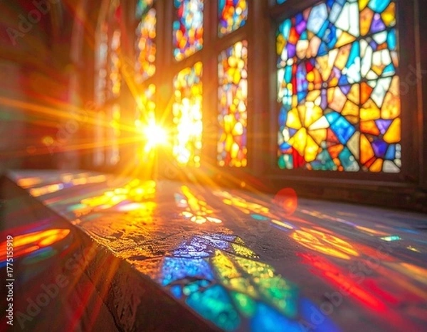 Fototapeta View through a richly colored stained glass window, with bright sunlight pouring through and creating a brilliant lens flare and warm glow