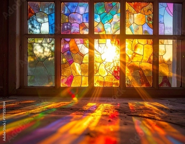 Fototapeta View through a richly colored stained glass window, with bright sunlight pouring through and creating a brilliant lens flare and warm glow