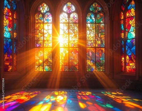 Fototapeta View through a richly colored stained glass window, with bright sunlight pouring through and creating a brilliant lens flare and warm glow