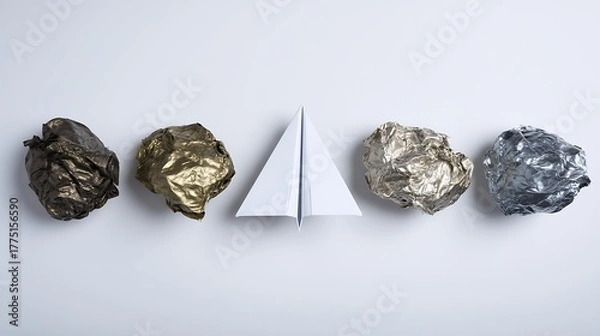 Fototapeta Minimalist White Paper Airplane with Gold and Silver Crumpled Foil Balls on Light Surface