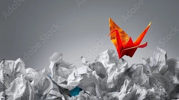 Obraz Orange Origami Butterfly Flying Above Crumpled Paper on Gray Background