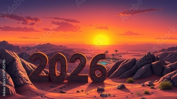 Fototapeta 🌅 A beautiful, dramatic sunset over the desert and beach paints the horizon with intense orange, red, and yellow light - New year 2026 business illustration