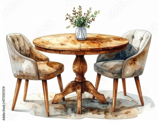 Fototapeta Watercolor illustration set of a round oak wood dining table and two cozy upholstered chairs, isolated on a white background