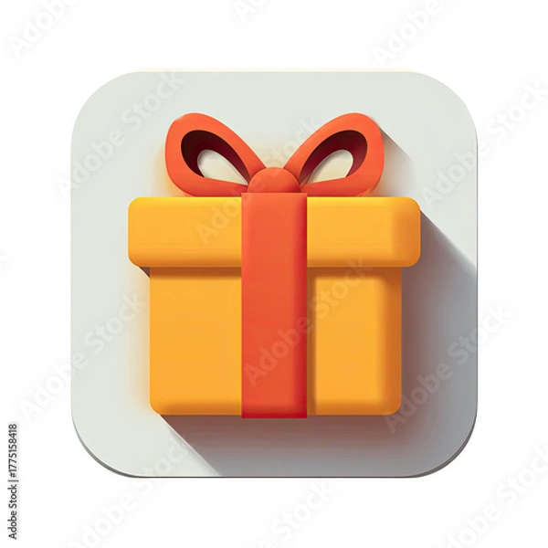 Fototapeta A stylized, 3D rendered illustration of an orange gift box with a red ribbon, presented on a square, off-white background with a drop shadow