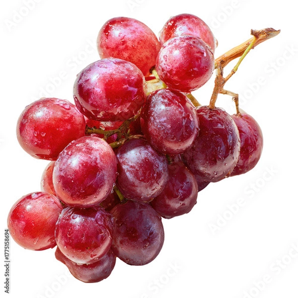 Obraz A cluster of ripe, red grapes on the vine, glistening with a dewy sheen, isolated on a black background
