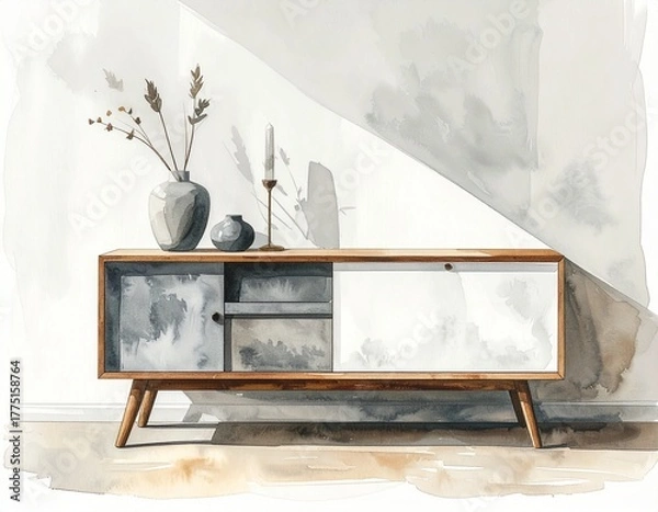 Fototapeta Single piece of modern Scandinavian furniture: a white sideboard with wooden legs, painted in soft watercolor with natural light