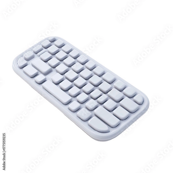 Obraz A small, light-grey, rectangular, rounded-edge wireless keyboard with a simplified key layout, shown at a slight angle