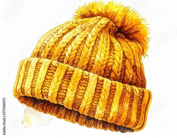 Fototapeta Chunky knit cap featuring a prominent pom-pom and thick cable knitting pattern, illustrated in a beautiful watercolor style for fashion design