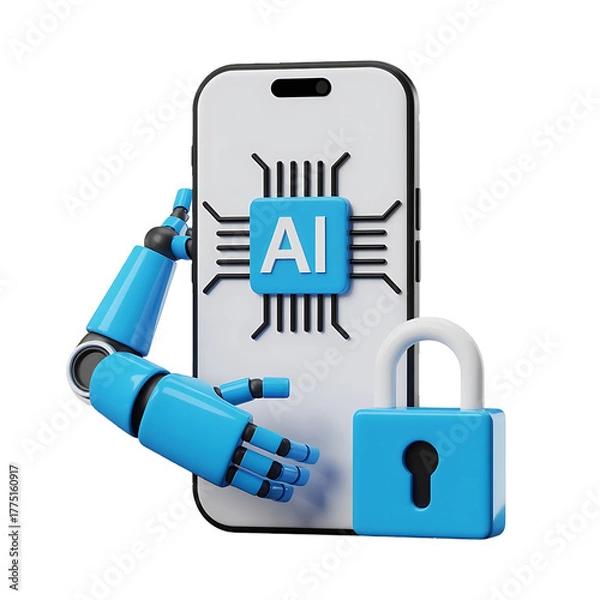 Obraz AI powered mobile security system with robot hand and padlock