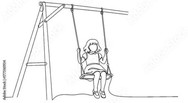 Fototapeta Girl on a Swing Enjoying Childhood Fun in a Park: Line Art Illustration for Children's Activities, Recreation, and Educational Projects, Representing Playful Leisure, Innocence, and Outdoor Adventures