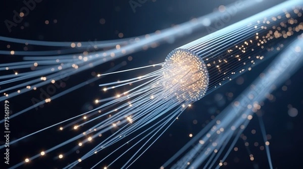 Fototapeta Blue fiber optic cables carrying digital data via light for high-speed internet communication in a network