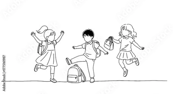 Fototapeta Excited Children Returning to School, Jumping and Kicking with Backpacks in Elementary Schoolyard, Depicting Happiness and Anticipation of Learning in Education Setting,  Cartoon Illustration Style fo
