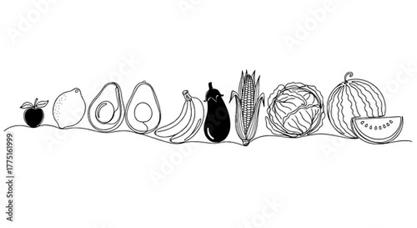 Fototapeta Minimalist Fresh Produce Lineup: Appetizing Fruits and Vegetables in Elegant Continuous Outline, Ideal for Nutrition Marketing and Healthy Lifestyle Promotion, Modern Line Art Style on Cream Backdrop,